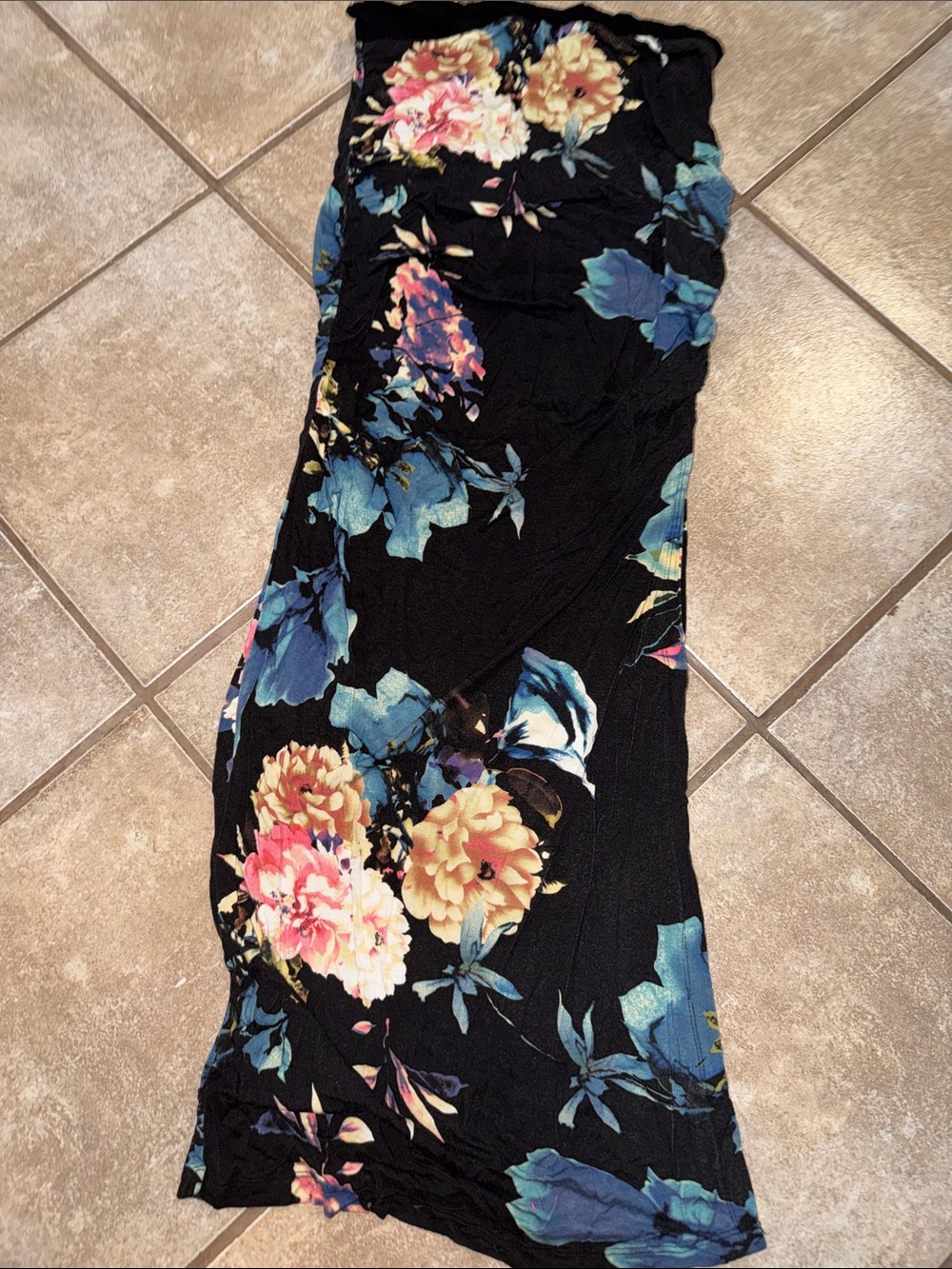 Ninety Black Maxi Skirt with Blue and Pink Floral Print